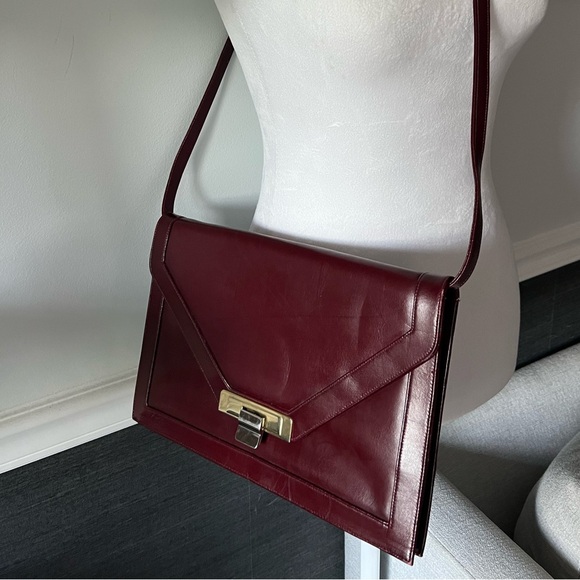 Lou Taylor Handbags - Lou Taylor Burgundy Leather Envelope Shoulder Bag with Mirror